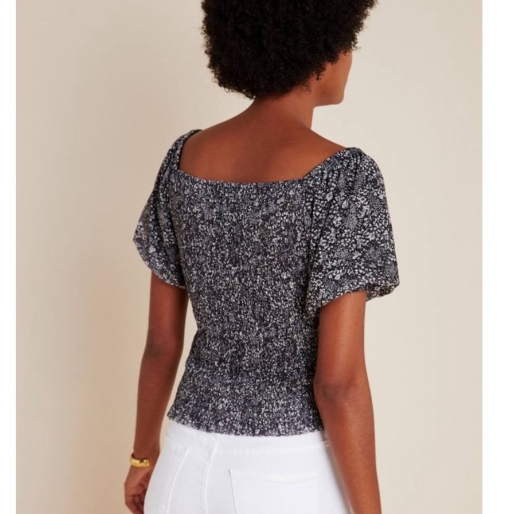 Anthropologie Aurelia floral printed smocked mesh black white top - Picture 4 of 9